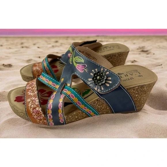 Spring Step L'Artiste Swan Sandals Handpainted Leather Wedge Heel Boho 36 5.5/6 - Picture 11 of 12
